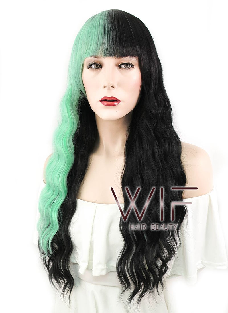 26" Wavy Green Black Split Color Synthetic Wig WIG341
