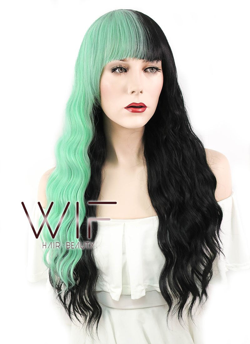 26" Wavy Green Black Split Color Synthetic Wig WIG341