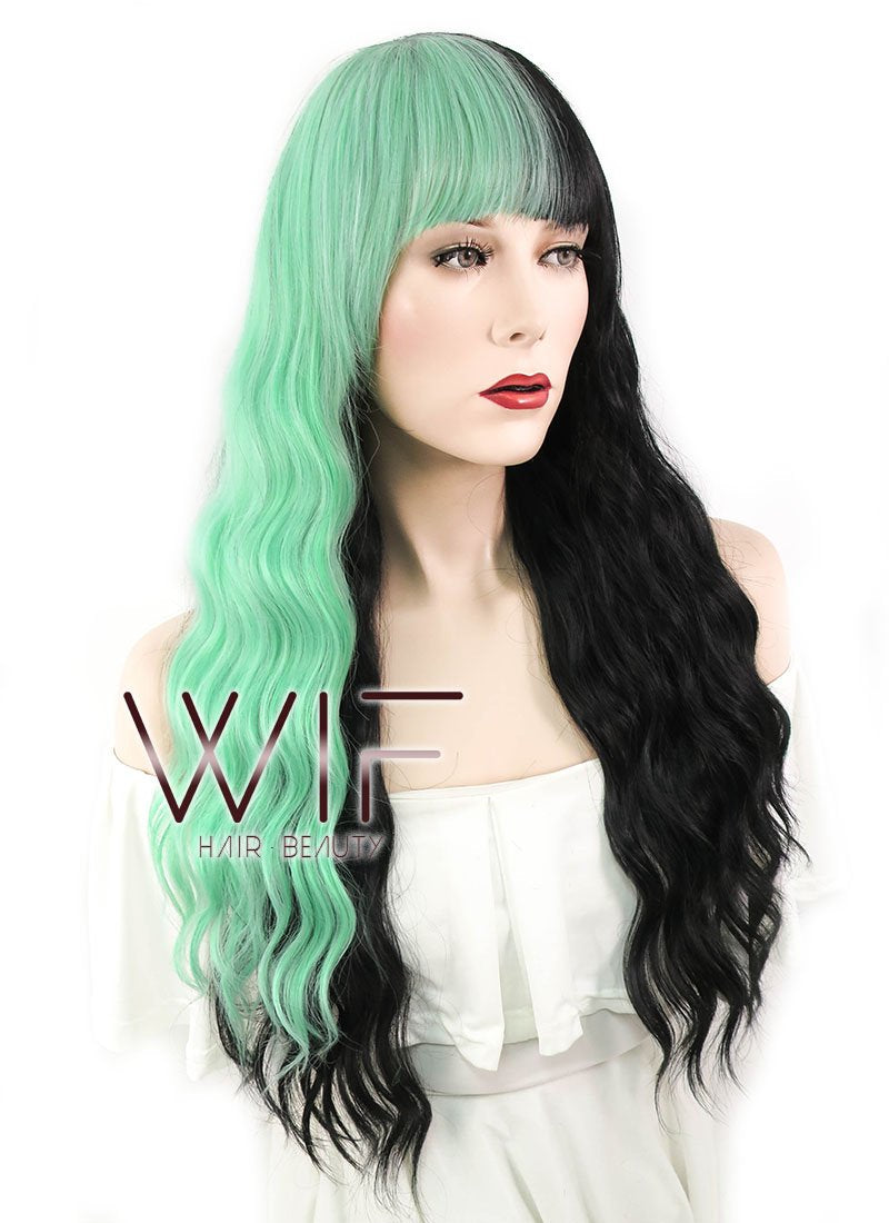 26" Wavy Green Black Split Color Synthetic Wig WIG341