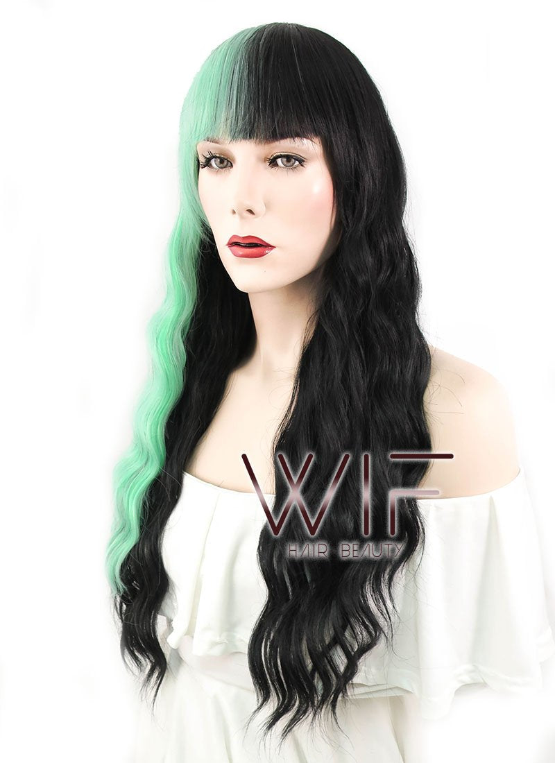 26" Wavy Green Black Split Color Synthetic Wig WIG341