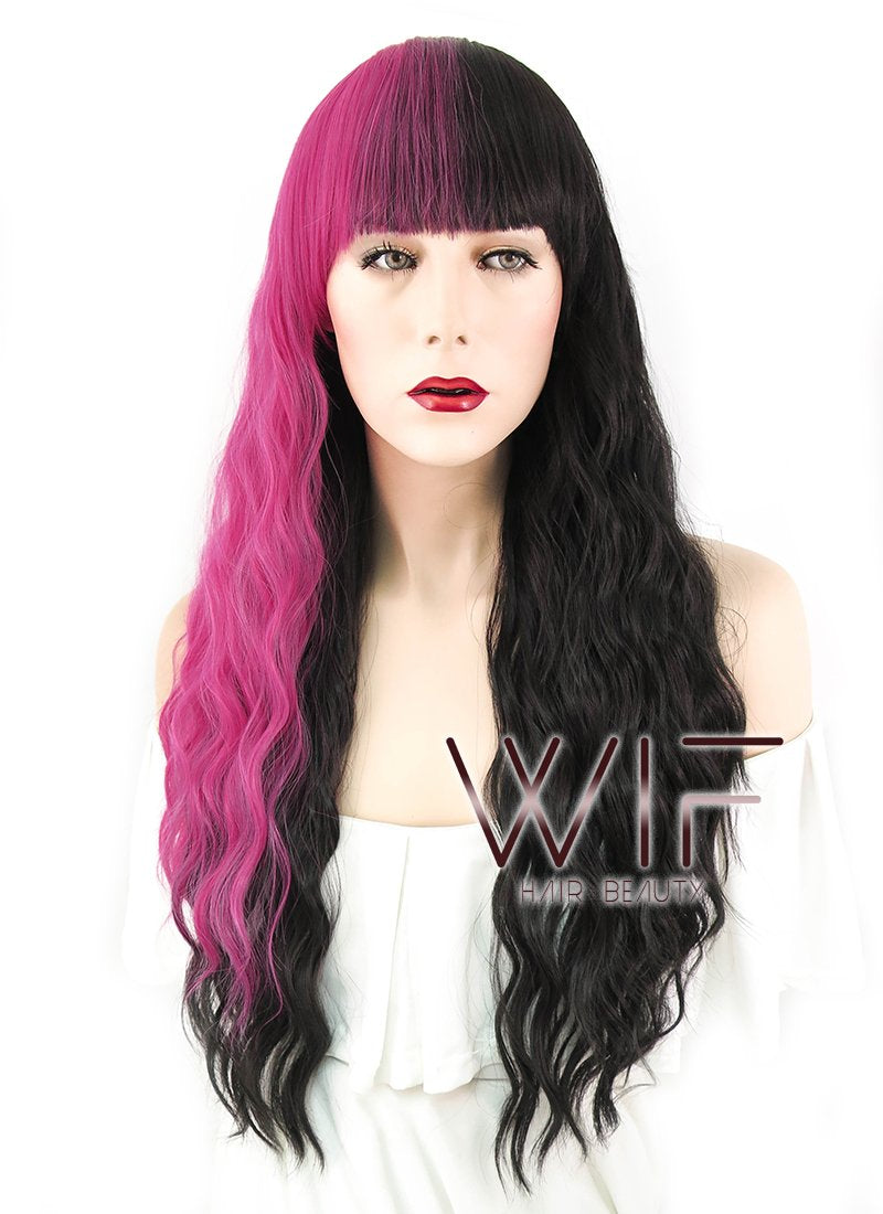 27" Wavy Magenta Mixed Black Synthetic Wig WIG342