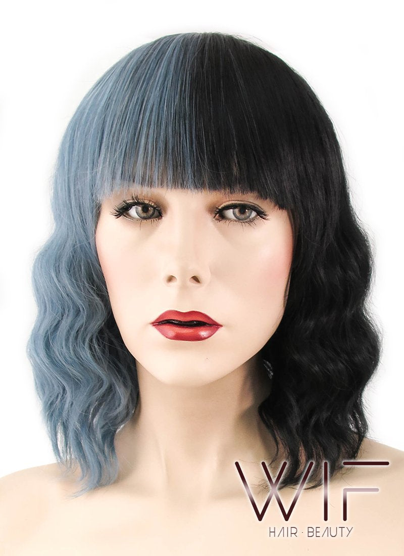 15" Wavy Ash Blue Black Split Color Synthetic Wig WIG344
