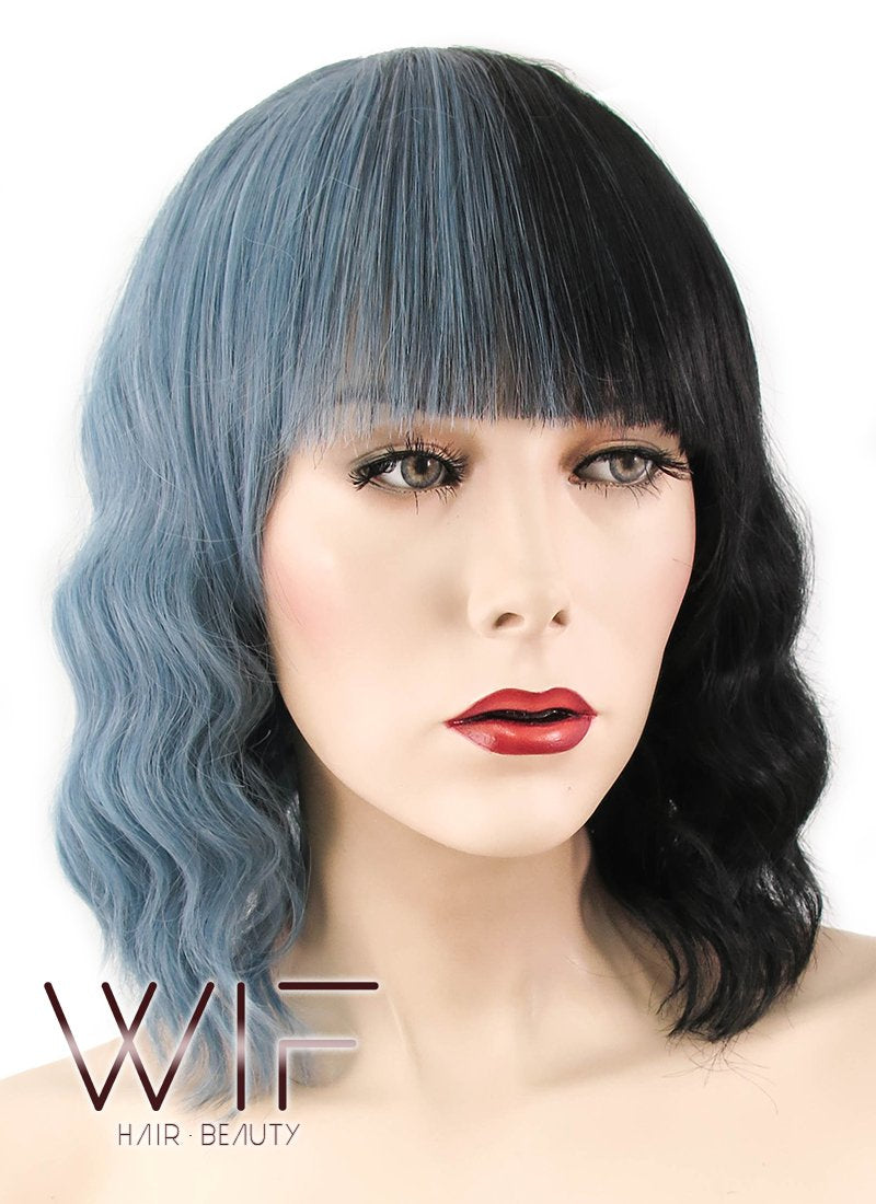 15" Wavy Ash Blue Black Split Color Synthetic Wig WIG344
