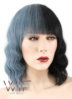 15" Wavy Ash Blue Black Split Color Synthetic Wig WIG344