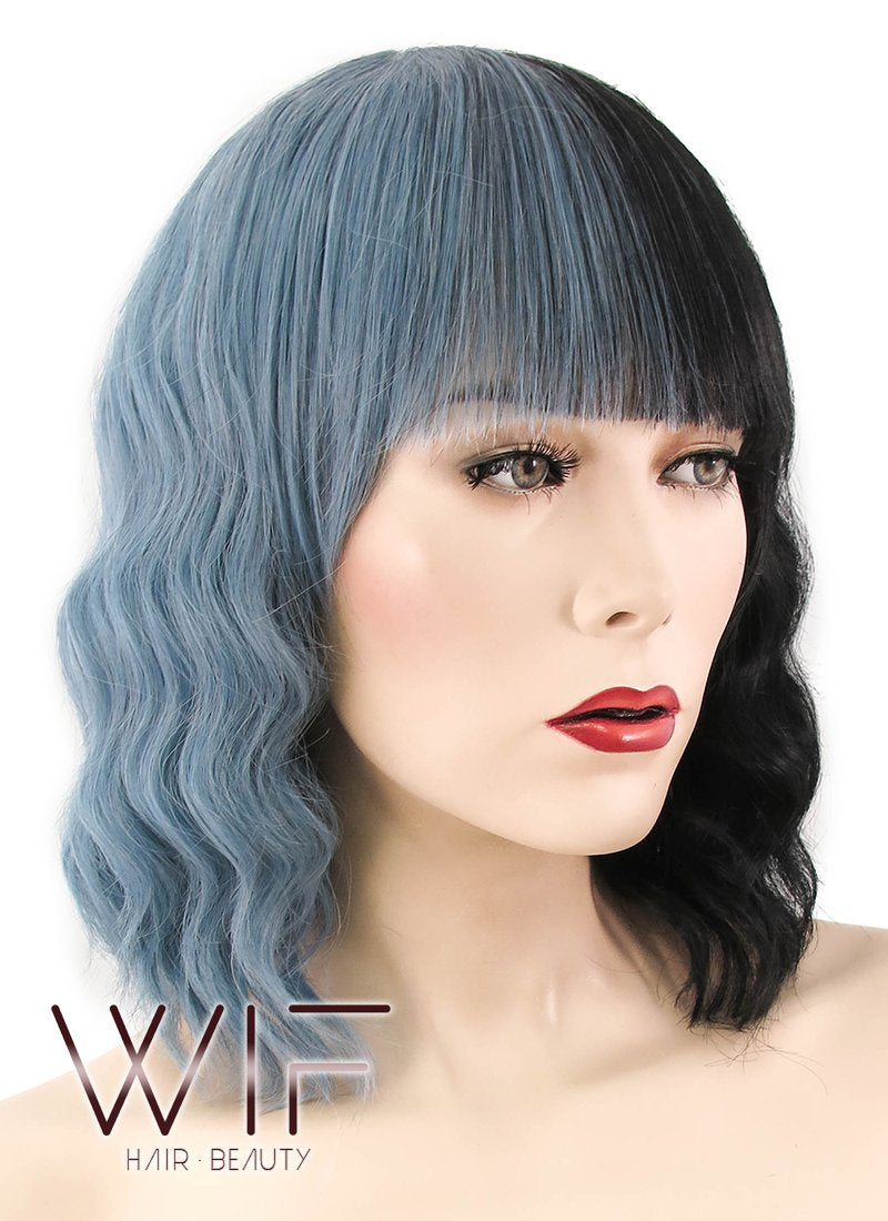 15" Wavy Ash Blue Black Split Color Synthetic Wig WIG344