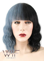 15" Wavy Ash Blue Black Split Color Synthetic Wig WIG344