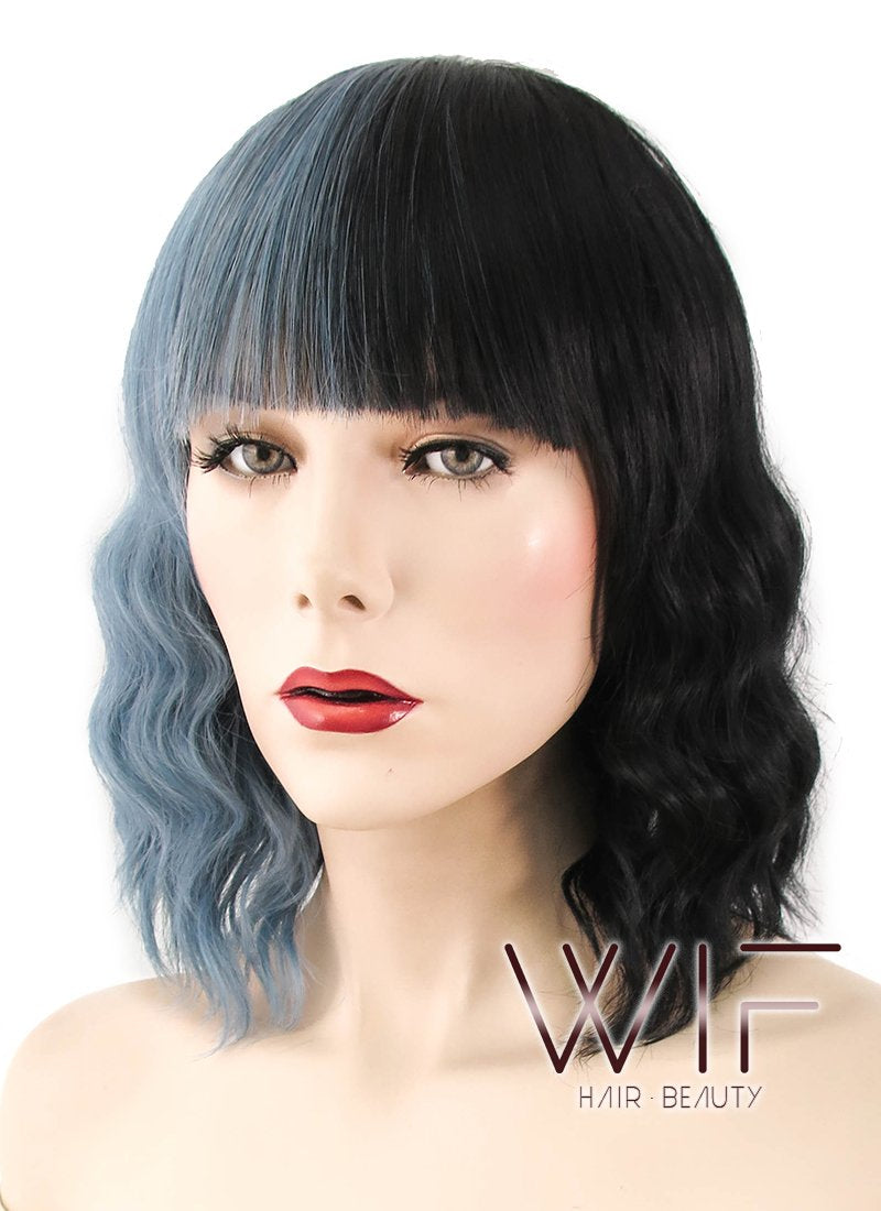 15" Wavy Ash Blue Black Split Color Synthetic Wig WIG344