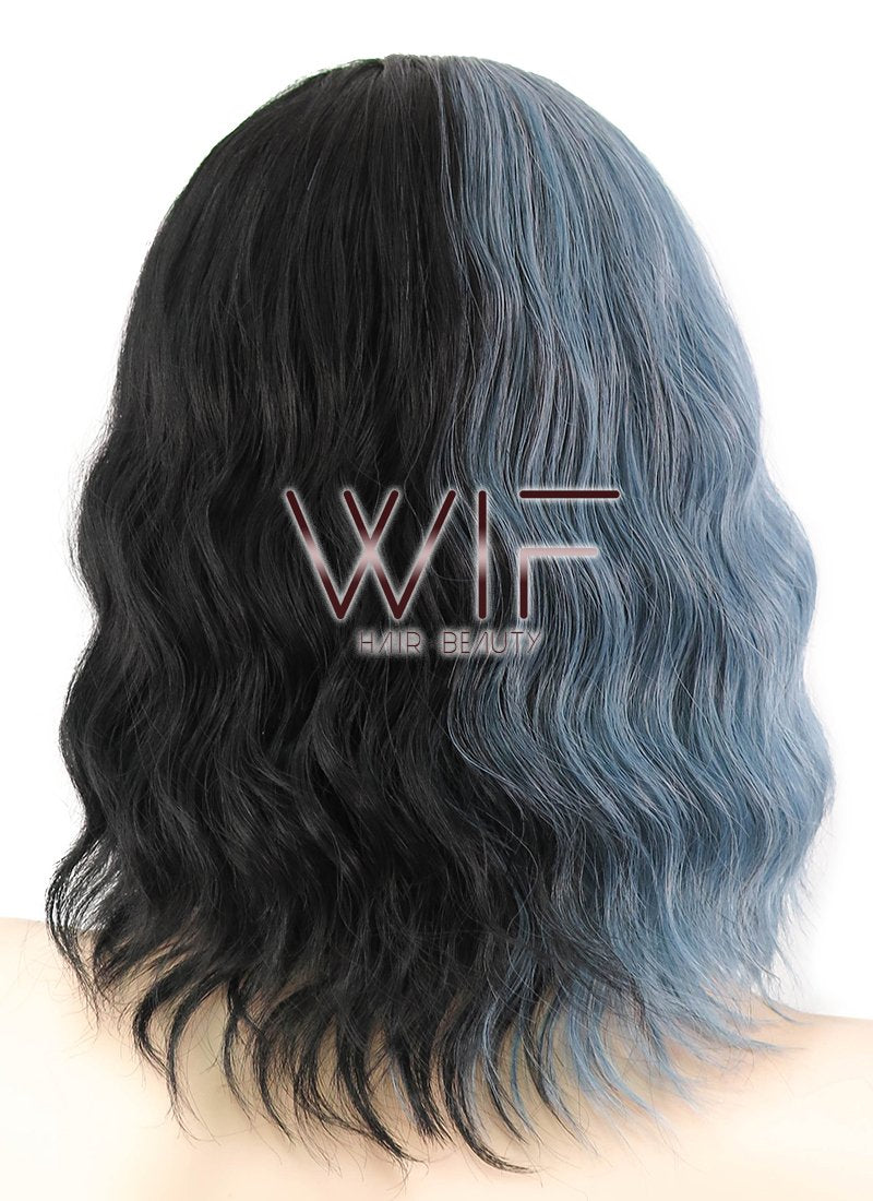 15" Wavy Ash Blue Black Split Color Synthetic Wig WIG344