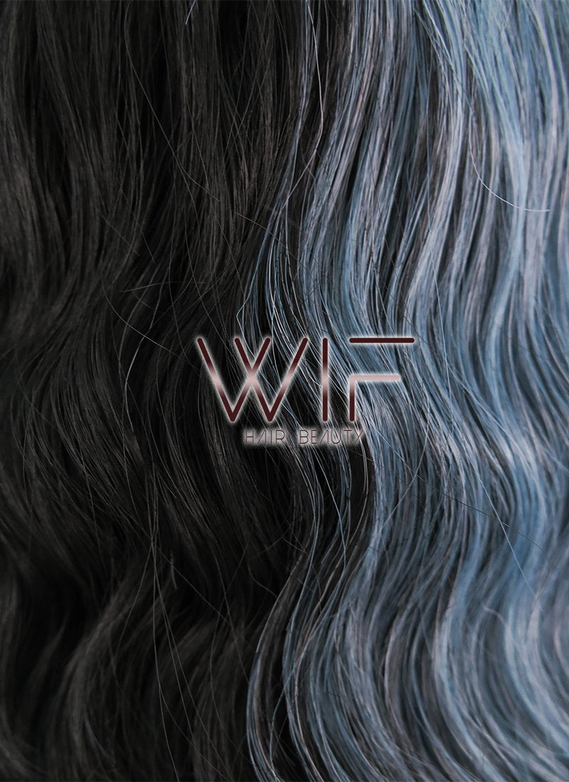 15" Wavy Ash Blue Black Split Color Synthetic Wig WIG344