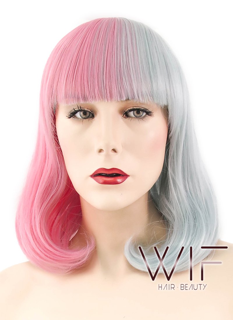 15" Wavy Pink Blue Split Color Synthetic Wig WIG345