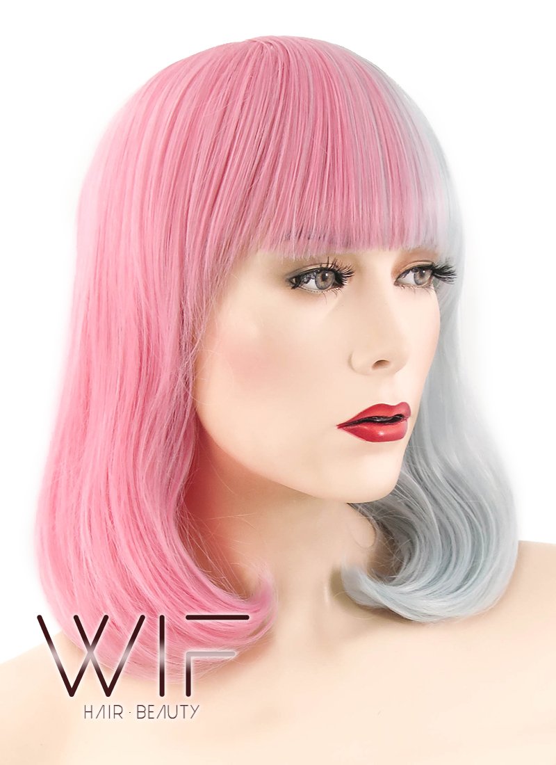 15" Wavy Pink Blue Split Color Synthetic Wig WIG345