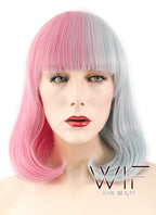 15" Wavy Pink Blue Split Color Synthetic Wig WIG345