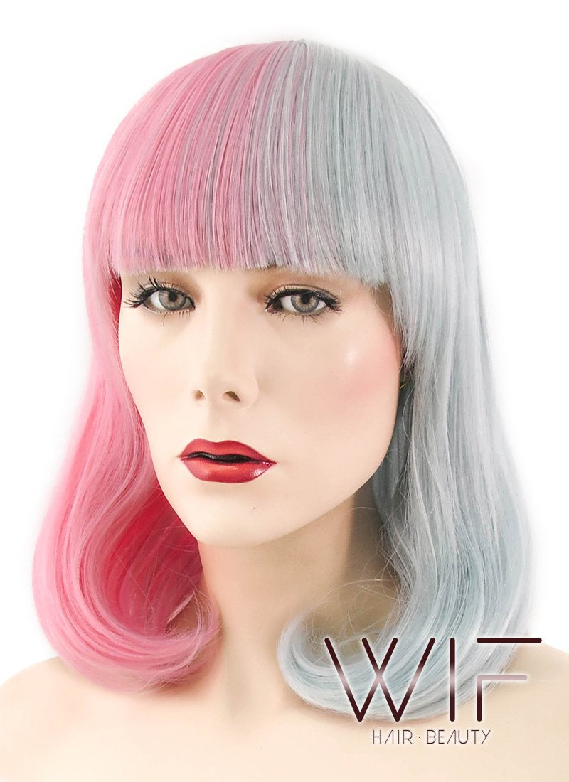 15" Wavy Pink Blue Split Color Synthetic Wig WIG345
