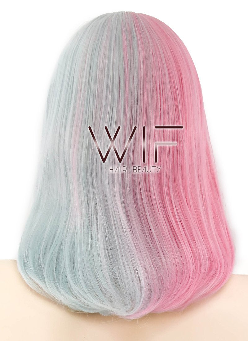 15" Wavy Pink Blue Split Color Synthetic Wig WIG345