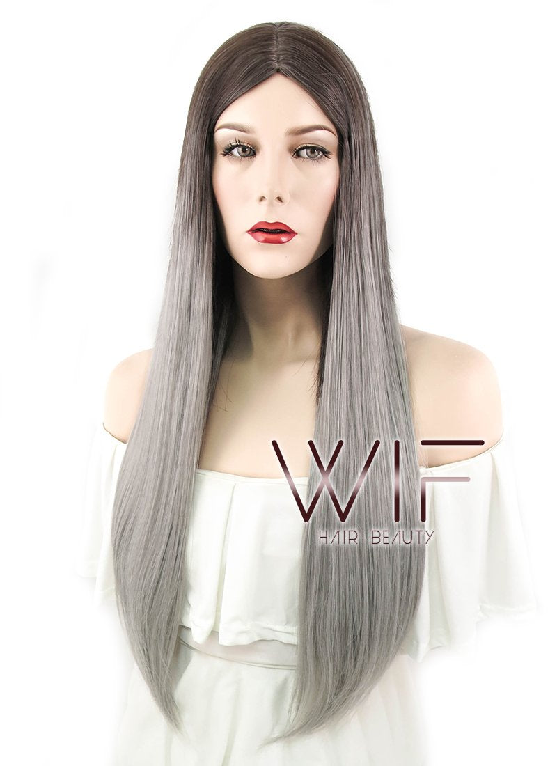 30" Straight Two Tone Grey Synthetic Wig WIG346