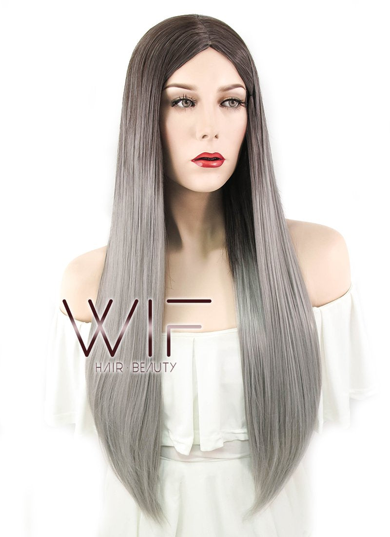 30" Straight Two Tone Grey Synthetic Wig WIG346