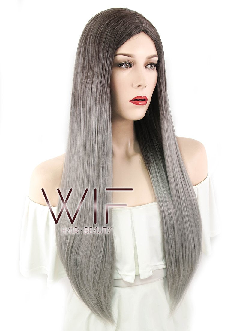 30" Straight Two Tone Grey Synthetic Wig WIG346