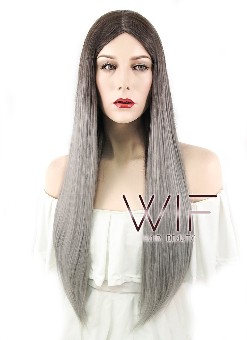 30" Straight Two Tone Grey Synthetic Wig WIG346