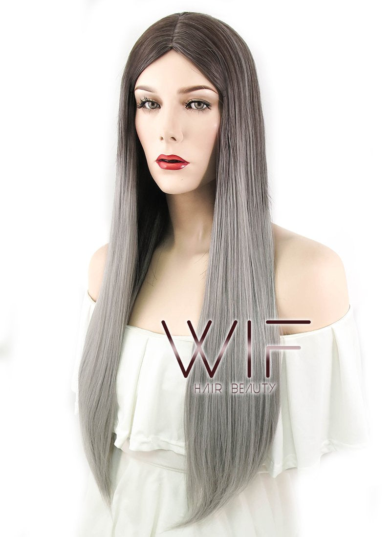 30" Straight Two Tone Grey Synthetic Wig WIG346