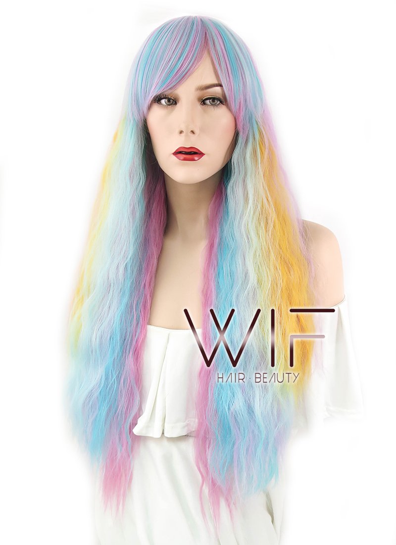 28" Wavy Blue Pink Yellow Blonde Mixed Synthetic Wig WIG347