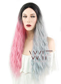 32" Wavy Pink Grey Split Color With Dark Roots Synthetic Wig WIG348