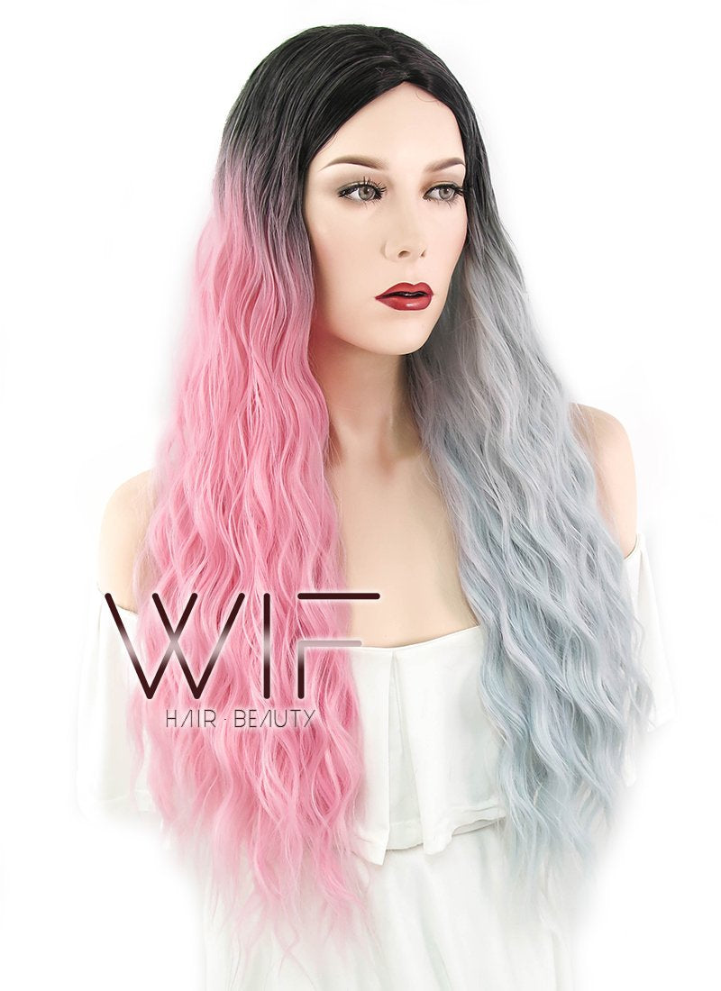 32" Wavy Pink Grey Split Color With Dark Roots Synthetic Wig WIG348