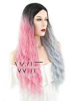 32" Wavy Pink Grey Split Color With Dark Roots Synthetic Wig WIG348
