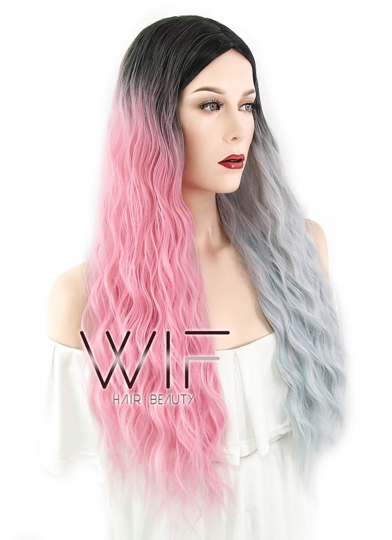 32" Wavy Pink Grey Split Color With Dark Roots Synthetic Wig WIG348