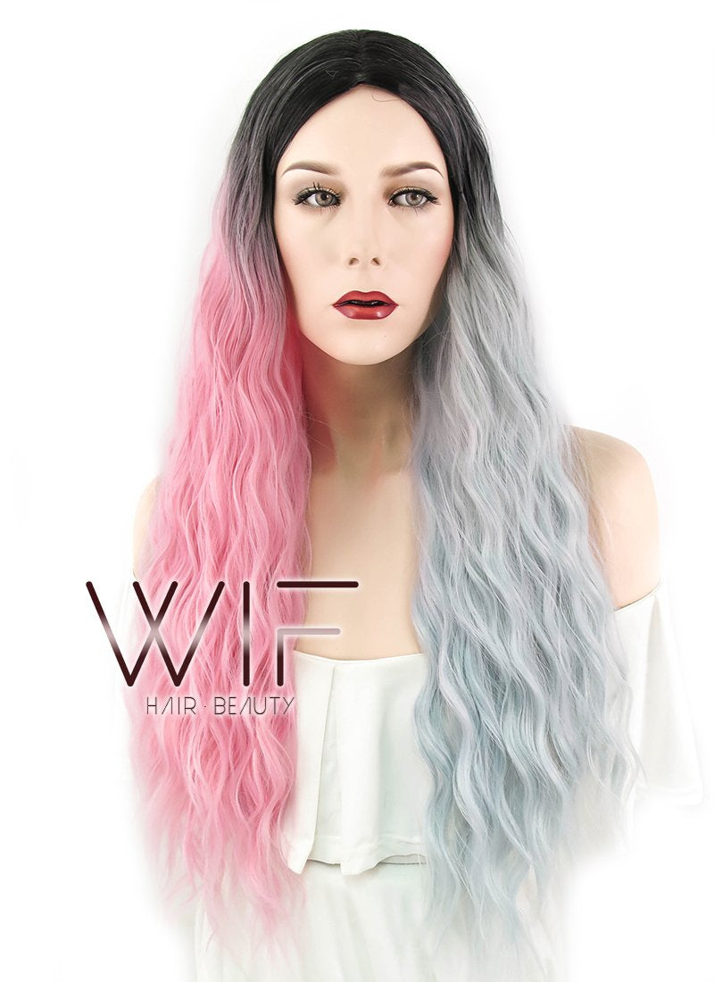 32" Wavy Pink Grey Split Color With Dark Roots Synthetic Wig WIG348