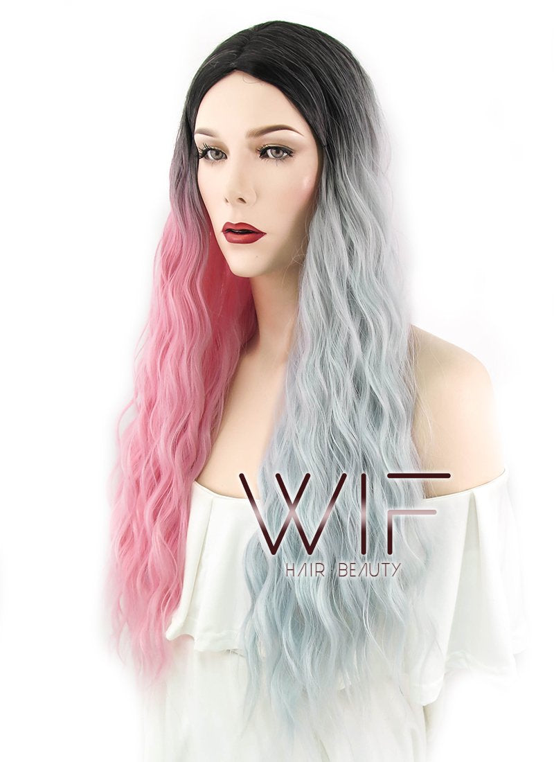 32" Wavy Pink Grey Split Color With Dark Roots Synthetic Wig WIG348