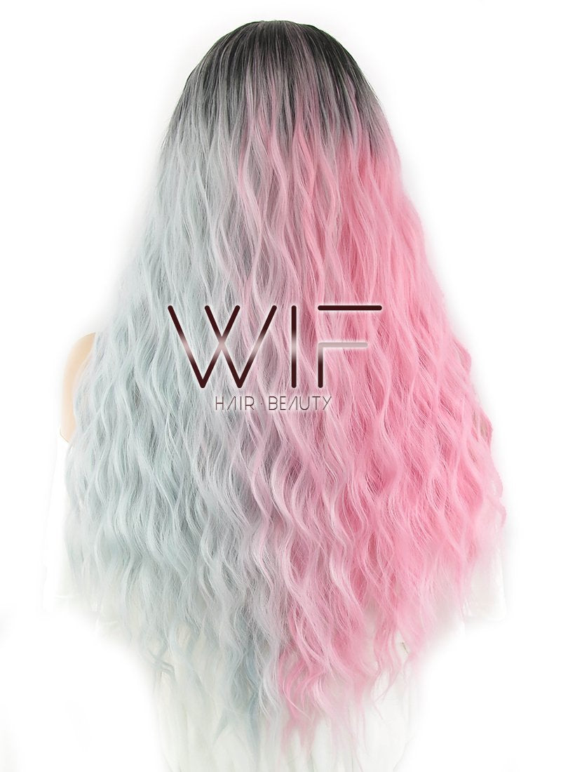 32" Wavy Pink Grey Split Color With Dark Roots Synthetic Wig WIG348