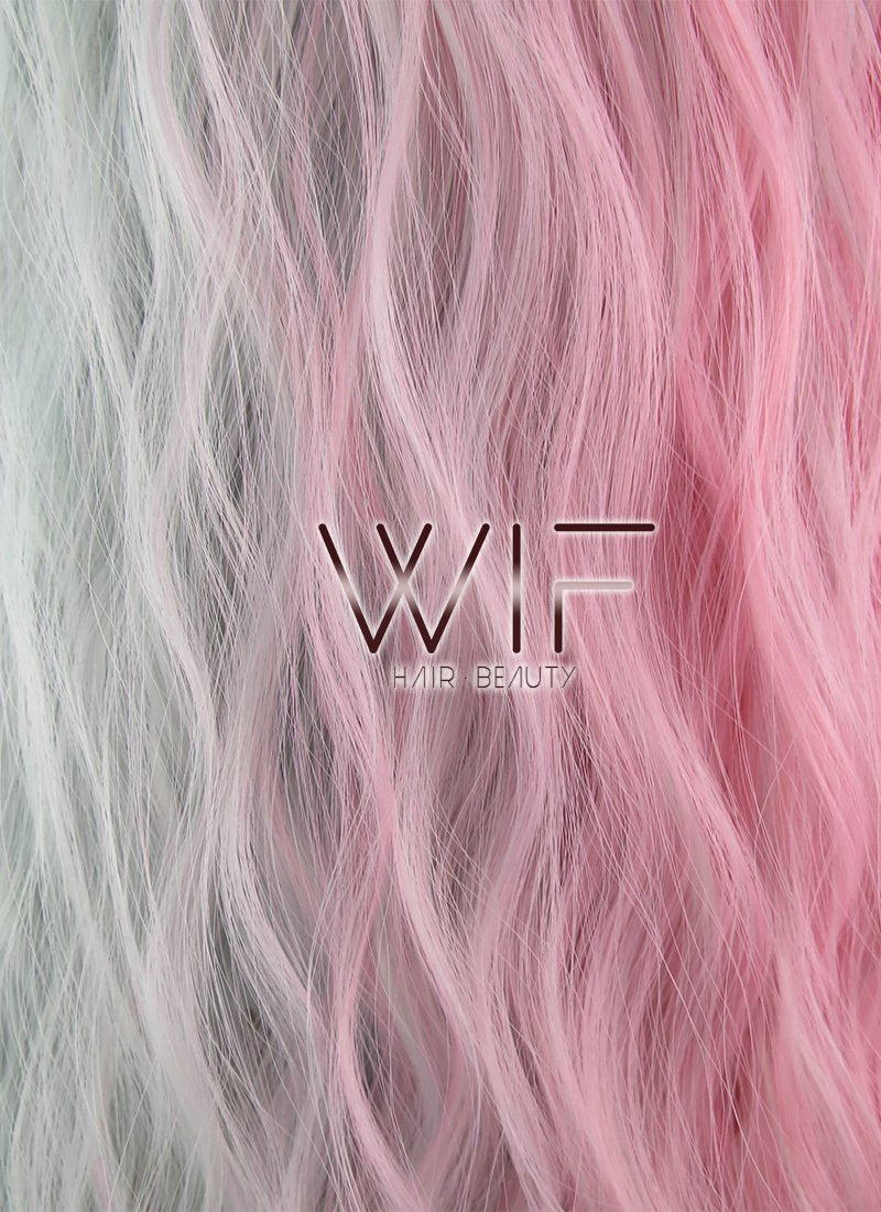 32" Wavy Pink Grey Split Color With Dark Roots Synthetic Wig WIG348
