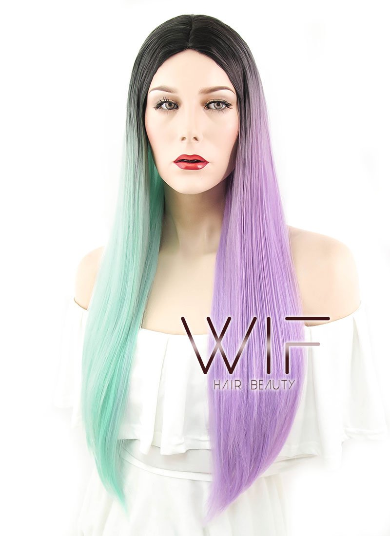28" Straight Green Purple Split Color With Dark Roots Synthetic Wig WIG349
