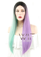 28" Straight Green Purple Split Color With Dark Roots Synthetic Wig WIG349