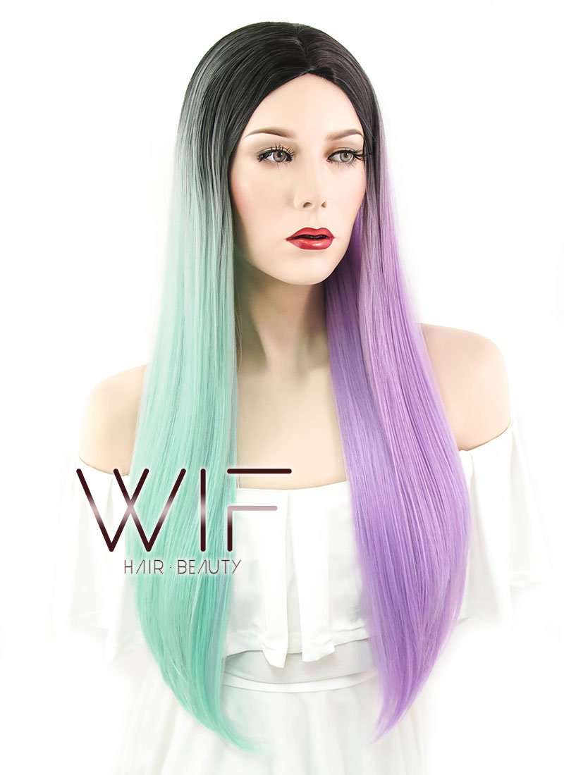 28" Straight Green Purple Split Color With Dark Roots Synthetic Wig WIG349