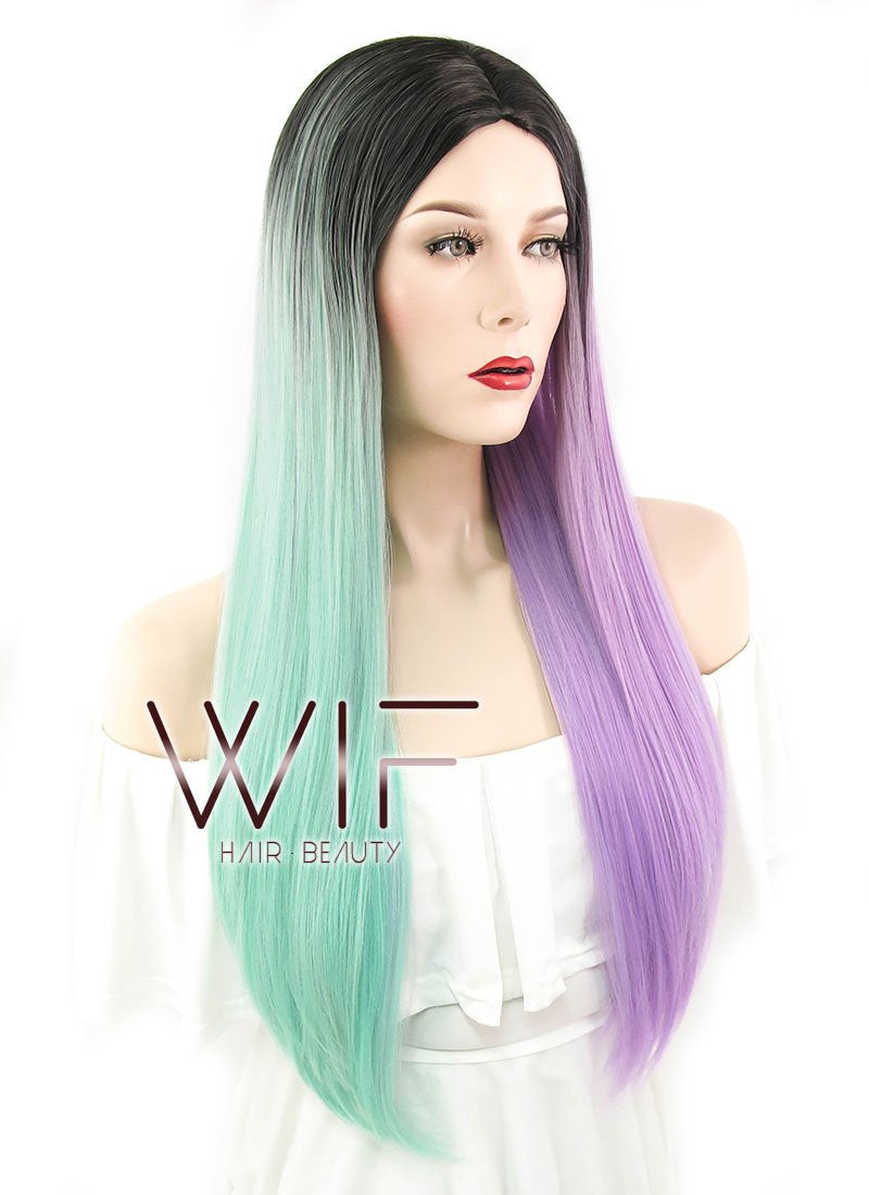 28" Straight Green Purple Split Color With Dark Roots Synthetic Wig WIG349