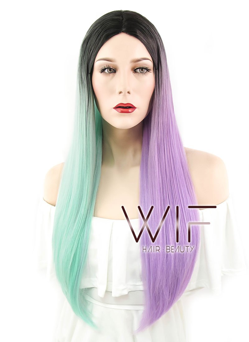 28" Straight Green Purple Split Color With Dark Roots Synthetic Wig WIG349