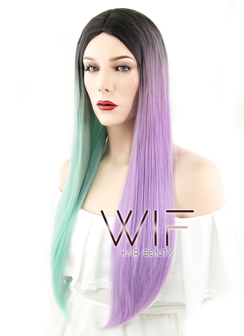 28" Straight Green Purple Split Color With Dark Roots Synthetic Wig WIG349