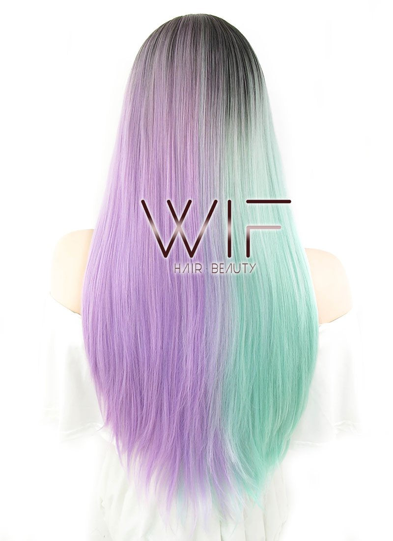 28" Straight Green Purple Split Color With Dark Roots Synthetic Wig WIG349