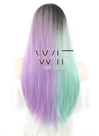 28" Straight Green Purple Split Color With Dark Roots Synthetic Wig WIG349
