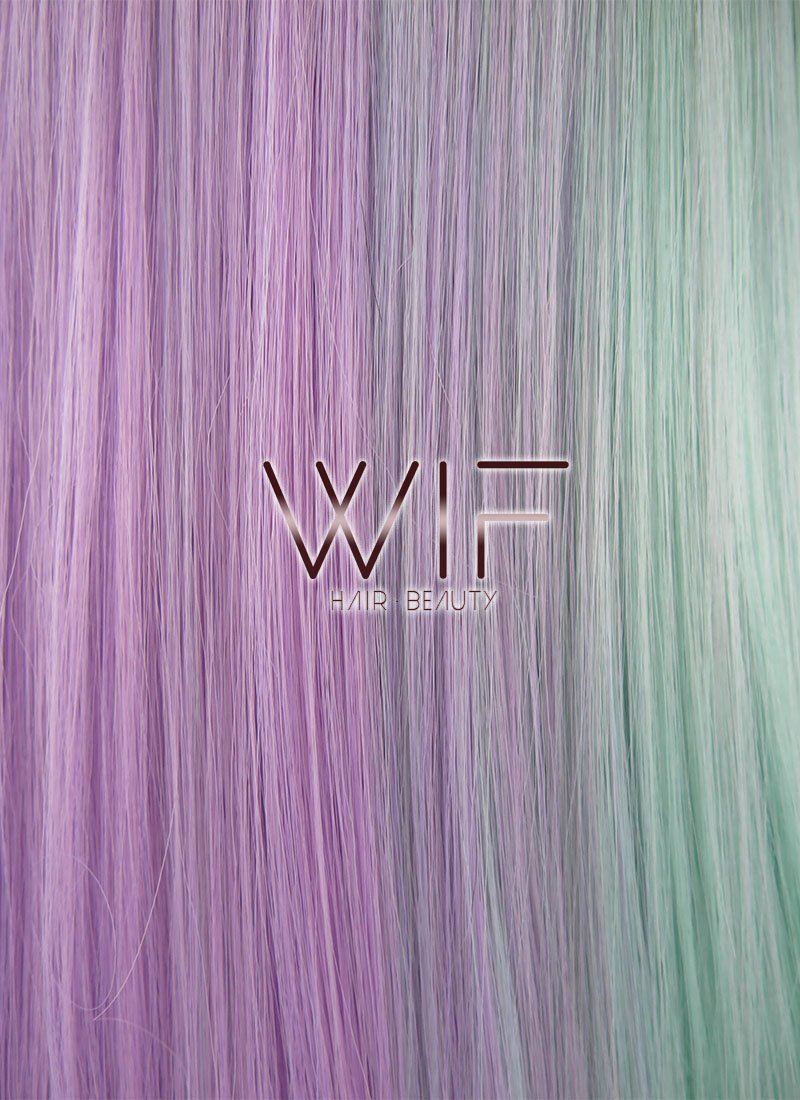 28" Straight Green Purple Split Color With Dark Roots Synthetic Wig WIG349
