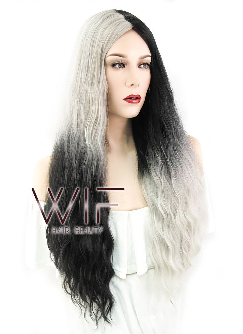 31" Wavy Ash Blonde Black Ombre Synthetic Wig WIG350
