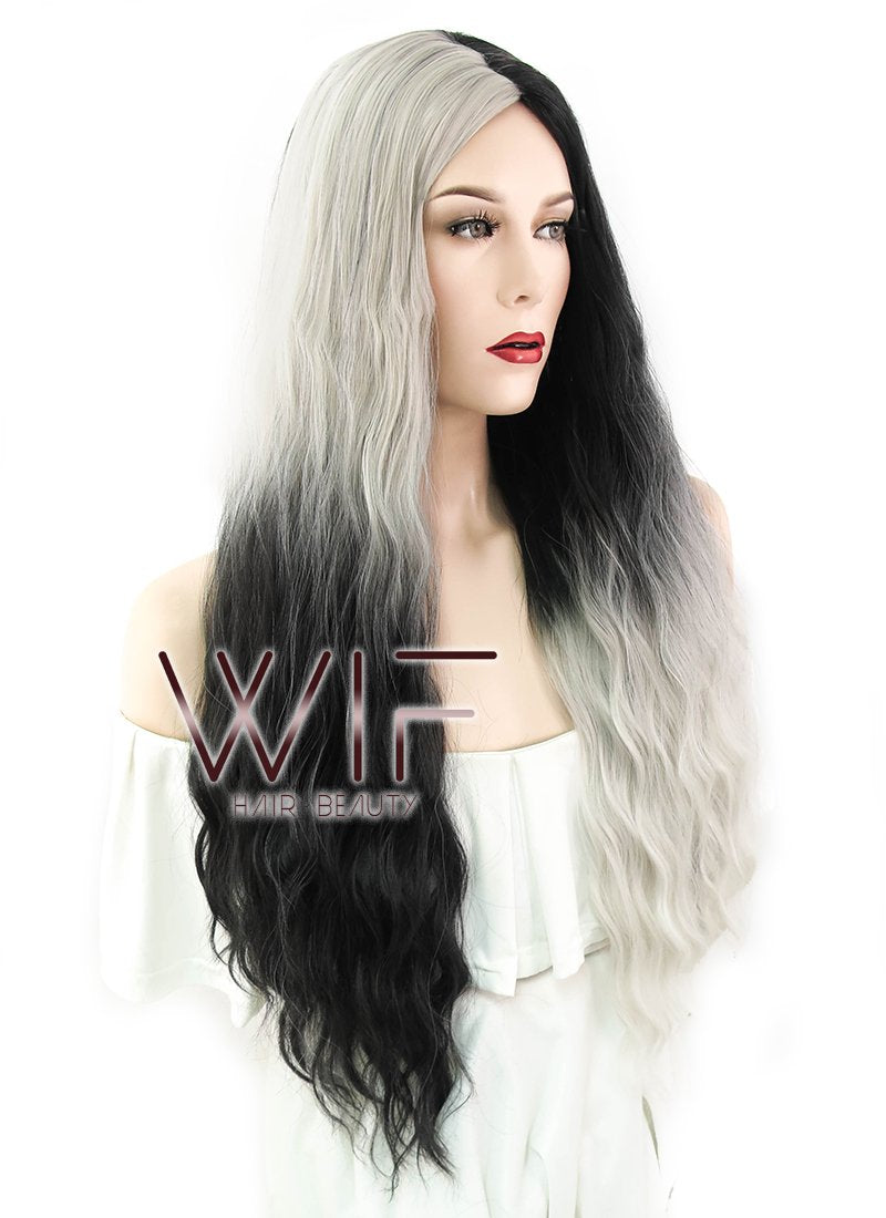 31" Wavy Ash Blonde Black Ombre Synthetic Wig WIG350