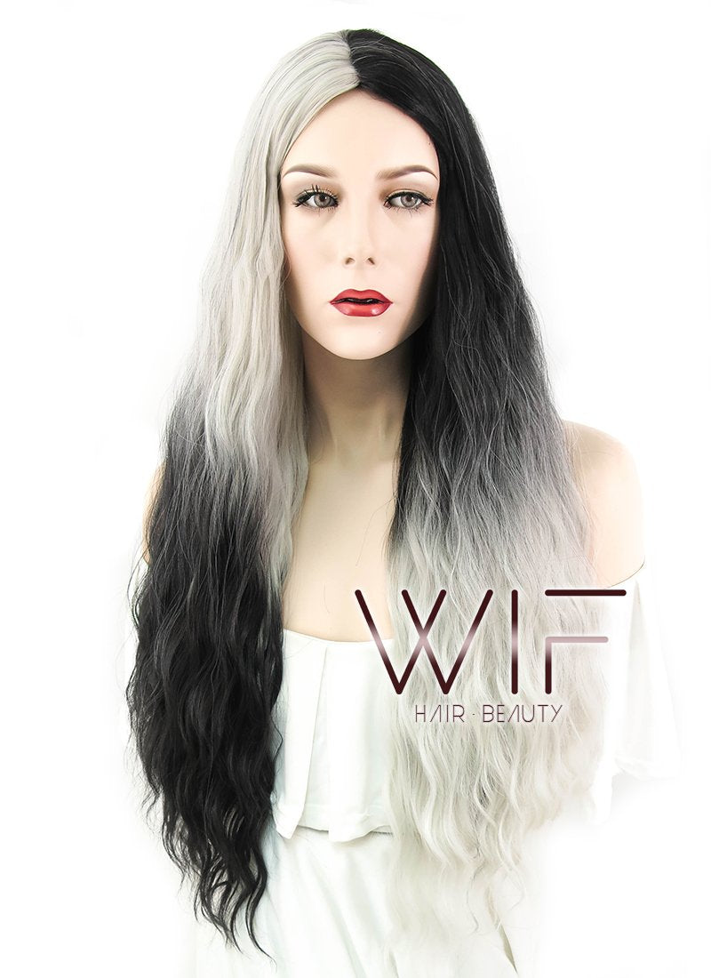 31" Wavy Ash Blonde Black Ombre Synthetic Wig WIG350