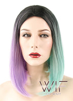 15" Straight Purple Green Split Color With Dark Roots Synthetic Wig WIG351