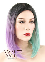 15" Straight Purple Green Split Color With Dark Roots Synthetic Wig WIG351