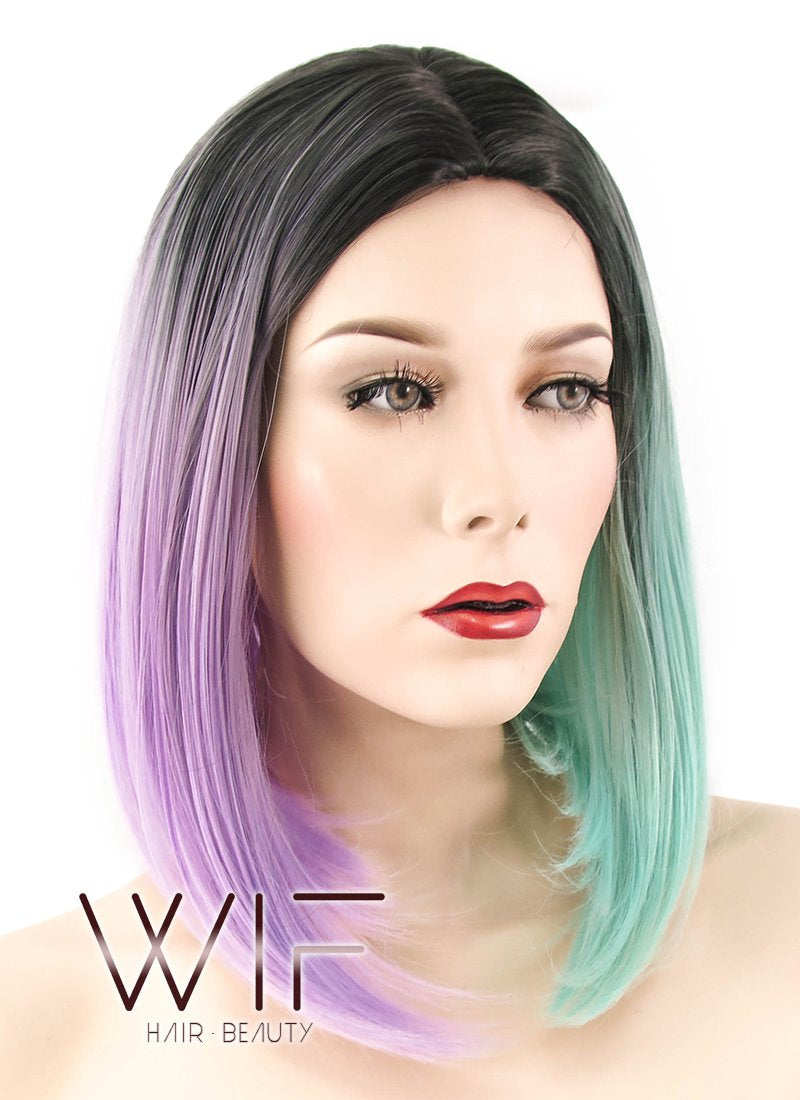 15" Straight Purple Green Split Color With Dark Roots Synthetic Wig WIG351