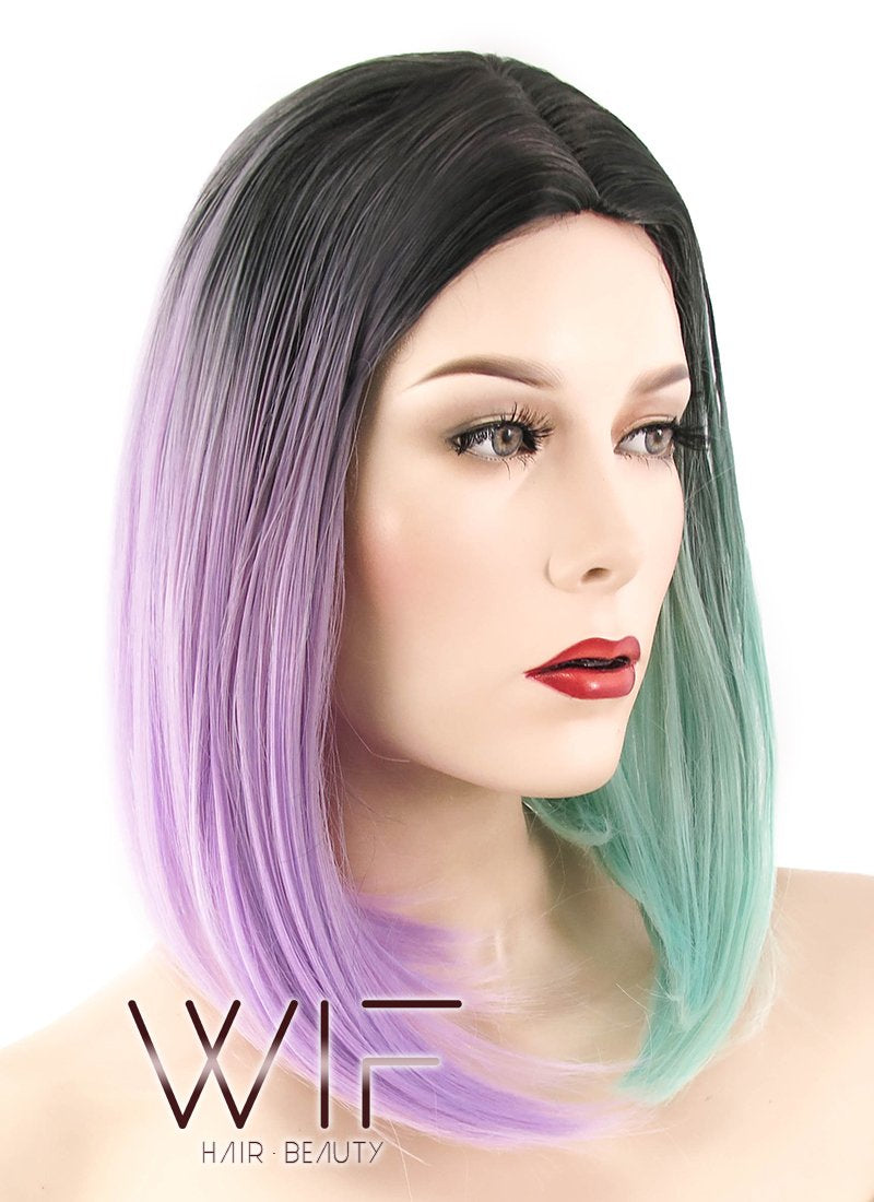 15" Straight Purple Green Split Color With Dark Roots Synthetic Wig WIG351