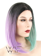 15" Straight Purple Green Split Color With Dark Roots Synthetic Wig WIG351