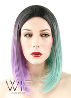 15" Straight Purple Green Split Color With Dark Roots Synthetic Wig WIG351